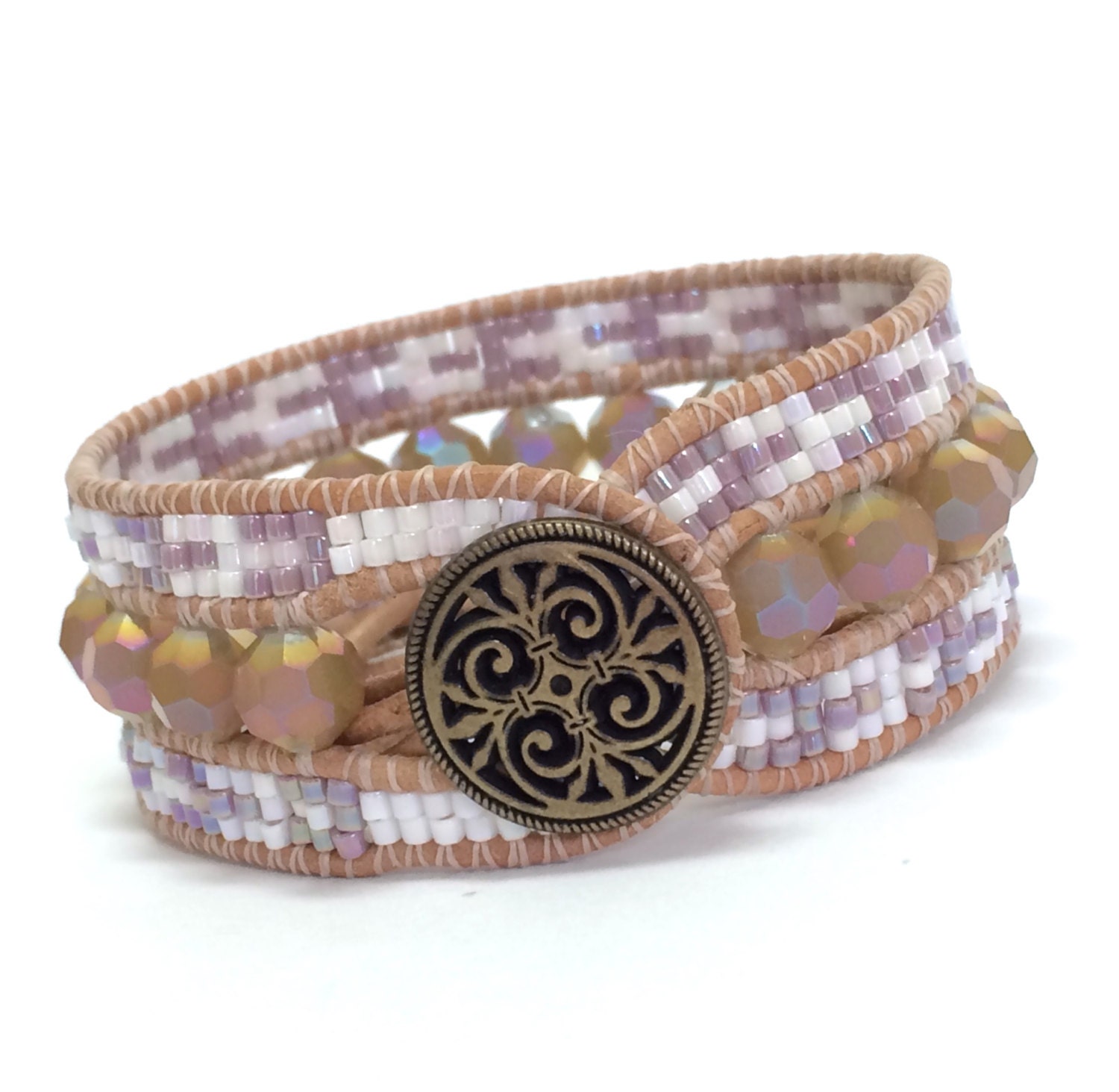 Beaded Leather Cuff 3 Row Cuff Bracelet Amber by SunsetSouthPaw