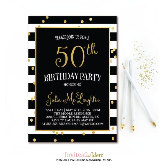 black white stripe birthday invitation gold confetti printable