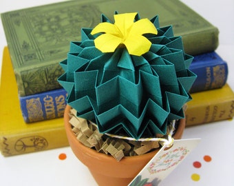 Origami Cactus Succulent Plant Fern Green & Baby Pink Flower