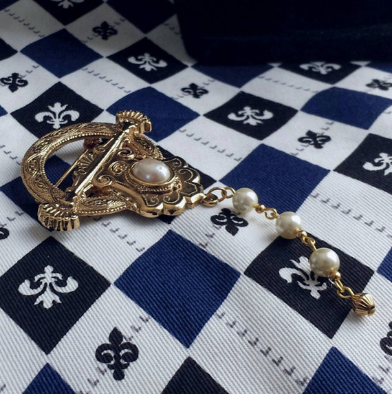 Upcycled Vintage Brooch - Gold-tone, chain, faux pearl accents - Neovictorian, ouji, steampunk, aristocrat, baroque, art nouveau by GhastlyGear steampunk buy now online