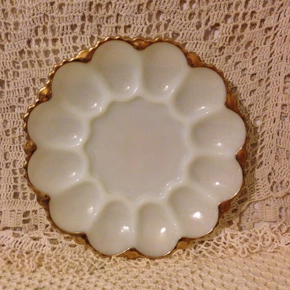 White Milk Glass Platter Egg Tray Fire King Egg Plate Gold