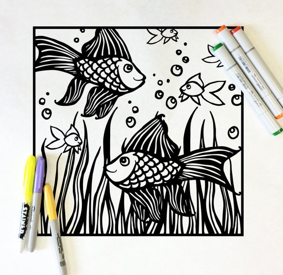 Goldfish Underwater Scene Doodle Decal coloring by