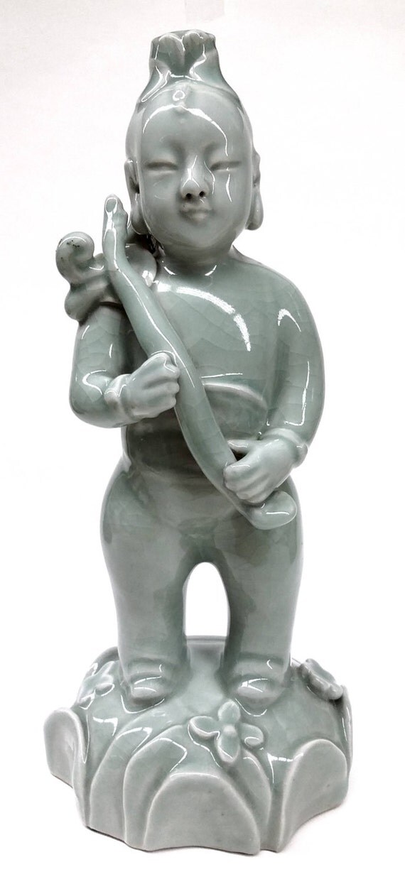 Vintage Chinese Celedon Peasant Boy Statue Porcelain