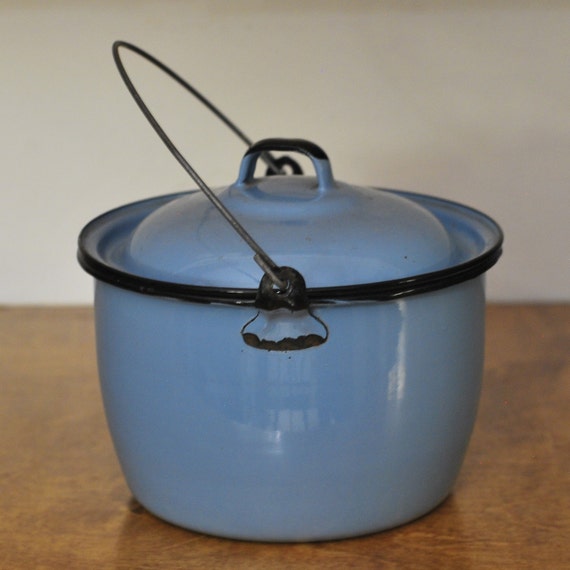 Vintage Light Blue Enamelware Stock Pot with Lid and Handle