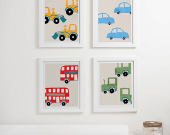 Transporte grabados 721, conjunto de grabados de 4, juguetes coche, excavadora, tractor, doble decker bus, decoración cuarto de niños, bebé niño coche decorado de cuarto de niños