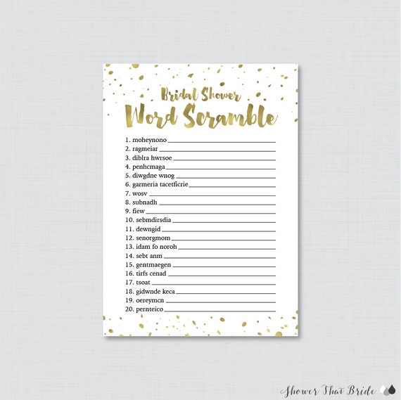 gold bridal shower word scramble printable white and gold