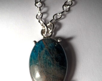 Blue Apatite Cabochon Pendant - Handmade .925 Sterling Silver Chain and Setting - Genuine Gemstone