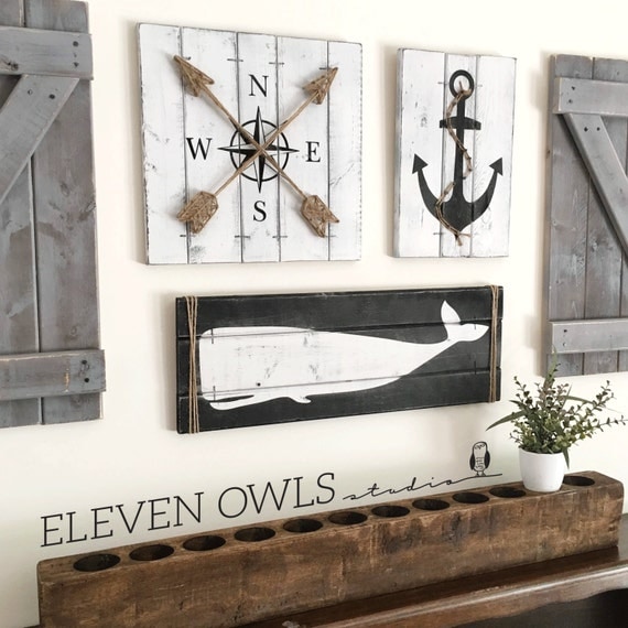 NAUTICAL ART SET 3 piece set rustic beach house decor