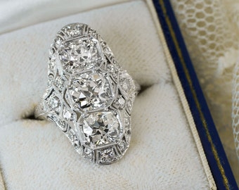 3.75 Carat Diamond Cocktail Ring Art Deco 3 Stone Platinum Right Hand Statement VS1 Old Mine European Cut Filigree Hand Milgrain 8640
