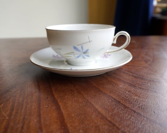 Vintage china cup and saucer by MOSA Maastricht Holland 118M, abstract blue and pink flowers, pure white, golden rims, modernist space age