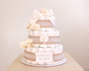 Shabby Chic Ivory Diaper Cake / Girls Baby Shower Centerpiece / Flower Elegant Princess / Lacey Burlap / tulle / decoration / gender natural