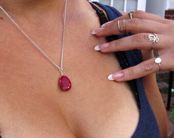 Genuine Ruby Necklace, July Birthstone Jewelry, Oval Ruby, Ruby Pendant, Large Gemstone, Ruby Solitaire, Beautiful Necklace, Jewelry Gifts