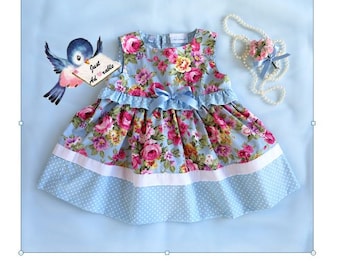 ON SALE Girl’s clothes, Baby dress, Frilled baby dress, Blue rosy dress - bodice frill. Size 3-6mths, 6-12mths and 18-24mths Ready to Ship