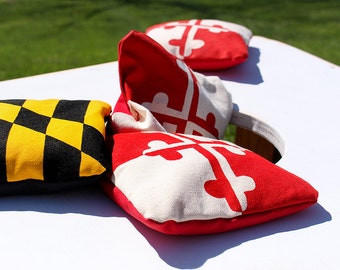 Maryland Flag Cornhole Bags | Hand Screen Printed Set of 8 Corn Hole Bags | Regulation Size Real Corn | Yellow Black Red White