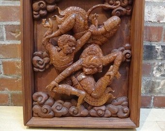 Vintage Thai Wood Carving of the Monkey King and the Sun God