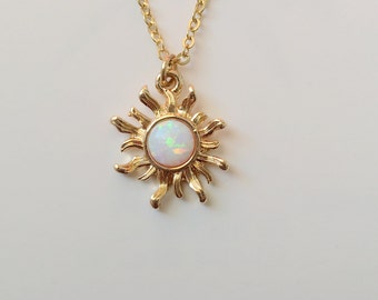 White Opal Sun Necklace. Gold Necklace. Opal Necklace.