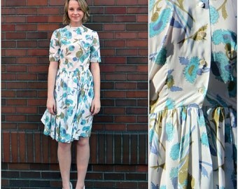 Vintage 1950s SILK Floral dress S 50s