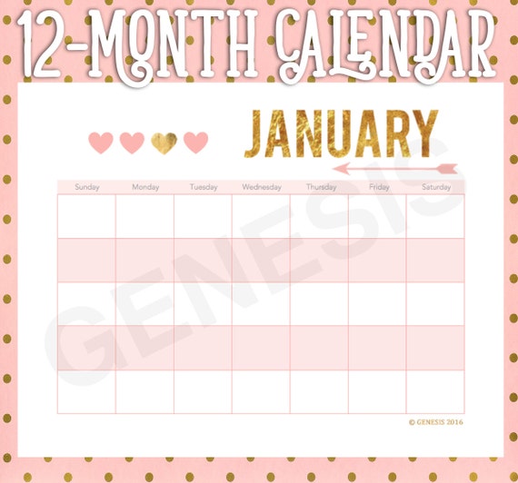 12 month Calendar Printable Instant Download Gold & Pink