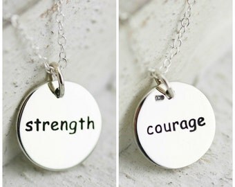 Strength Necklace - Courage Necklace Sterling Silver Round Word Strength Courage Necklace Reversible Pendant Affirmation Pendant Inspire