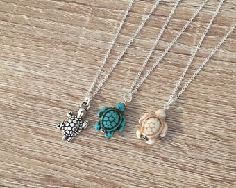 Antique Silver / Turquoise / Ivory Howlite Turtle Necklace, Little Turtle Pendant, Ocean Charm Pendant, Sea Turtle Jewelry, Beach, Animal