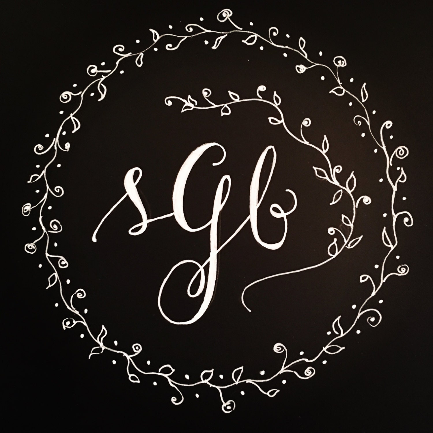 Custom Print Chalkboard Calligraphy Monogram w/Ivy Circle Border