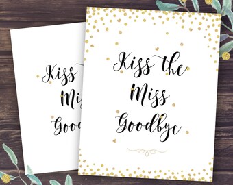 Kiss the Miss Goodbye Sign, Bridal Shower Game Ideas, Unique Activities, Gold Confetti and Glitter, Wedding Shower Instant Download DIY