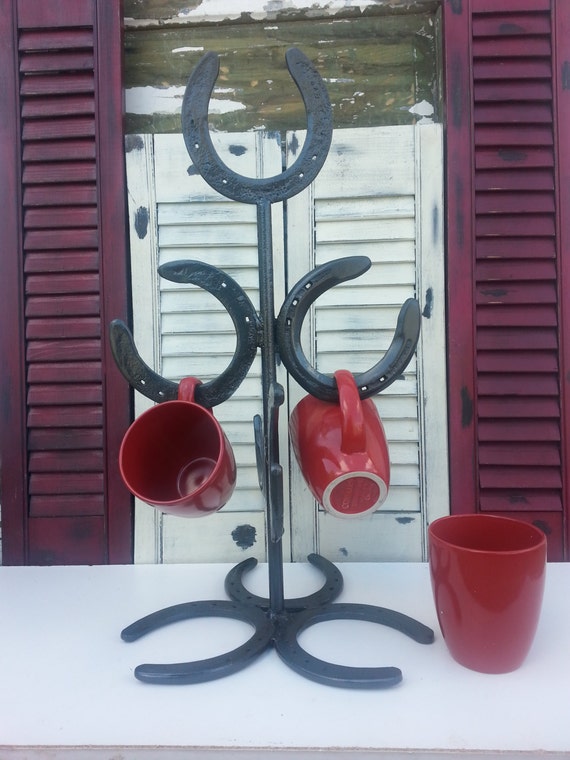 Items similar to Horseshoe Mug Tree, Horseshoe Art, Mug Rack, Coffee