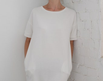 White dress Tshirt dress Dress Women's dress Women's tshirt dress Oversized tunic Oversized dress T dress Cotton dress French terry dress