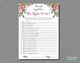 How Well Do You Know the Bride To Be Game Printable, Who Knows the Bride-To-Be Best? Floral Rustic Shabby Chic Bridal Shower Game Activity