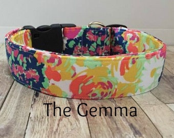Floral Multicolor Navy Green Pink Yellow Orange Dog Collar "The Gemma"