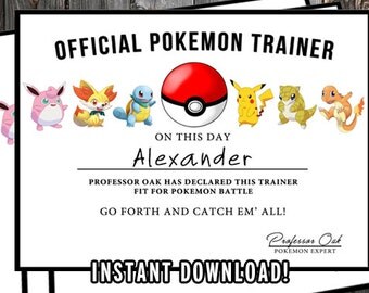 Pokemon Certificate, Pokemon Birthday Printable, Pokemon Birthday Favors, Pokemon Party Favors, Pokemon GO, PDF & Jpg - Editable PDFs!