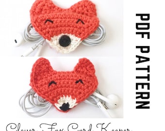 Earphone Holder Fox Crochet Pattern and Photo Tutorial with Snap or Button Closure to organize USB cables, Chargers, and Cords PDF DIY Gift