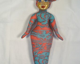 Bright Pink/Turquoise DRAGON GODDESS cloth art doll form w/face cab 12 in. tall You finish her Bead Decorate Fantasy