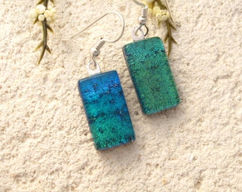 Petite Earrings, Blue Green Earrings, Dichroic Earrings, Dangle Drop Earrings, Blue Ombre Dichroic Earrings, Fused Glass Jewelry, 071416e100