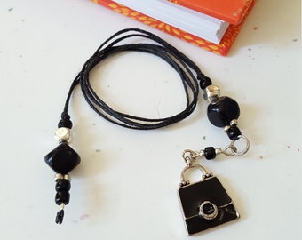Black Handbag Beaded Bookmark/ Black And Silver/ Glass And Metal Beaded Cord With Metal Purse Charm/ Handmade Book Thong/ Journal Markers