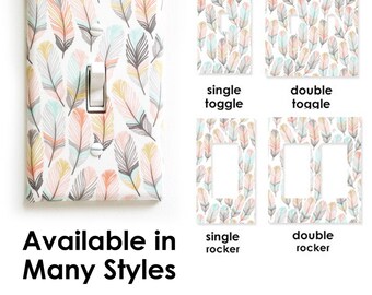 Fabric Light Switch Plate Cover - White with Peach, Coral, Mint, Grey, Mustard, Brown Feathers