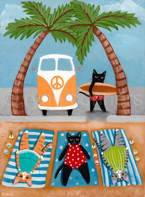 The Lazy Sunbathers Original Beach Cat Folk Art Painting