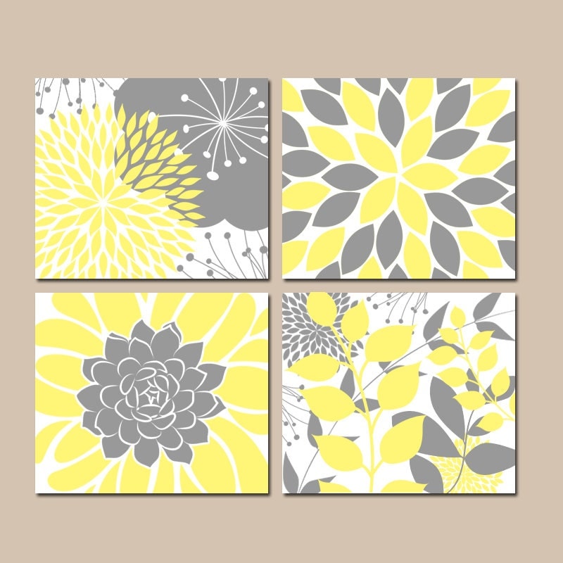 YELLOW Gray Wall Art CANVAS or Prints Floral Bedroom