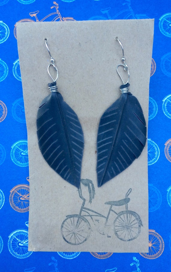 Bike Tube Earrings Feather Earrings Upcycled Earrings