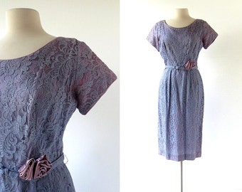 1950s Lace Dress | Purple Lace Dress | 50s Party Dress | XS S