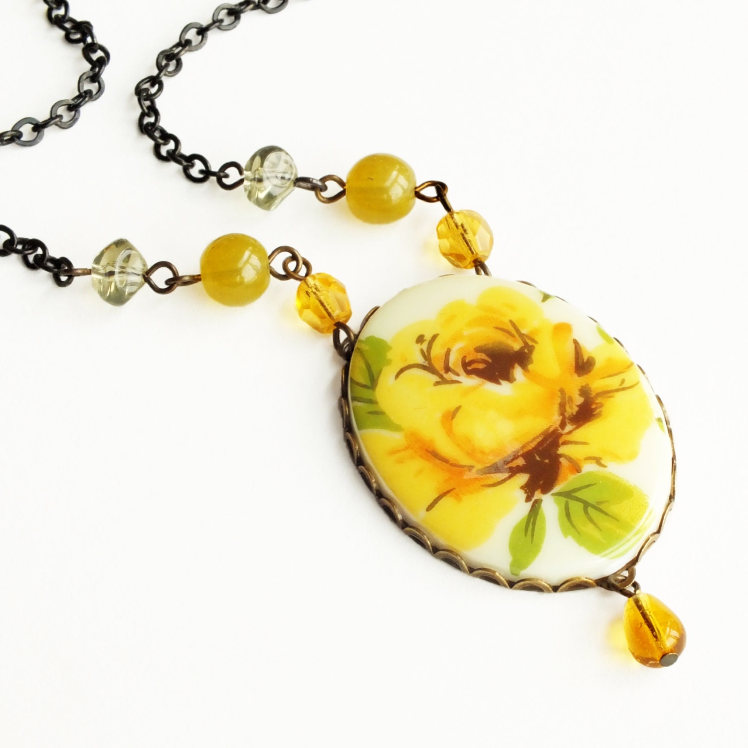 Yellow Rose Necklace Large Vintage Flower Cameo Pendant