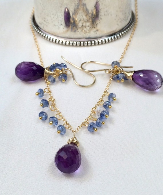 Amethyst Kyanite Necklace Earrings Set 14kt by DoolittleJewelry