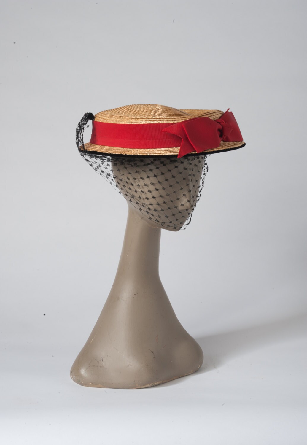 Vintage Straw Hat 60s Boater Red Bow Veil Bonwit Teller