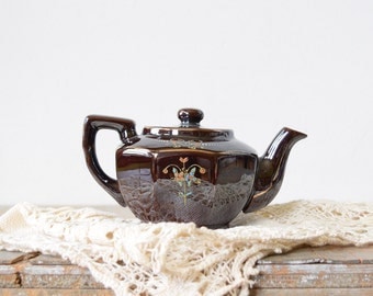 small Japanese teapot, vintage hand-painted brown floral teapot, made in Japan personal teapot