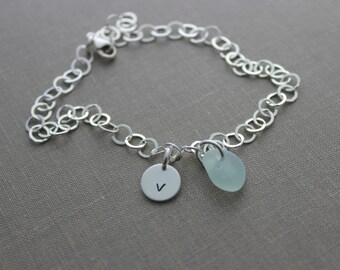 Sterling Silver initial and Genuine Sea Glass Bracelet, Personalized with Hand Stamped Initial Charm and choice of seaglass color