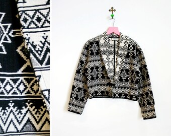 Vintage 1980s Woven Black and White Tribal Printed Cropped Blazer by Flashback Size S