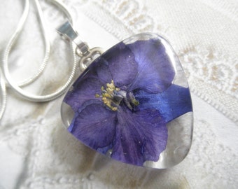 Ombre Blue Purple Larkspur Pressed Flower Glass Triangle Pendant-Symbolizes An Open Heart-July's Birth Flower-Nature's Wearable Art