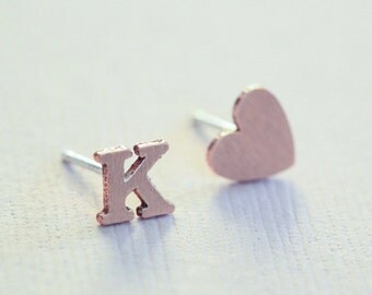 initial earrings, rose gold heart earrings, dainty earrings, personalized jewelry, minimalist earrings - pink gold filled