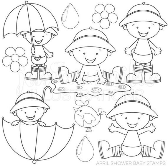 April Shower Baby Cute Digital Stamps, Rain Gear Baby Line Art, Digital Stamp Il_570xn