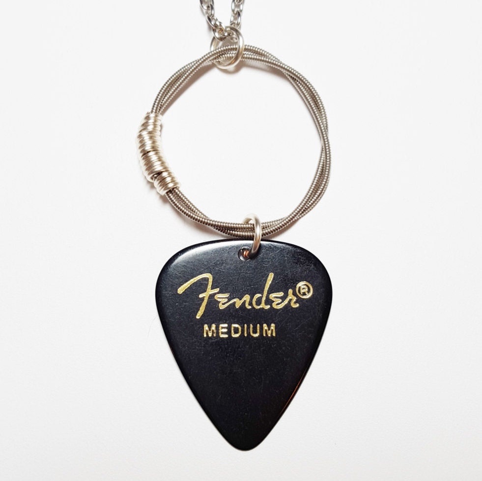 Fender Guitar Pick Necklace Silver Guitar String by MegaloDesigns